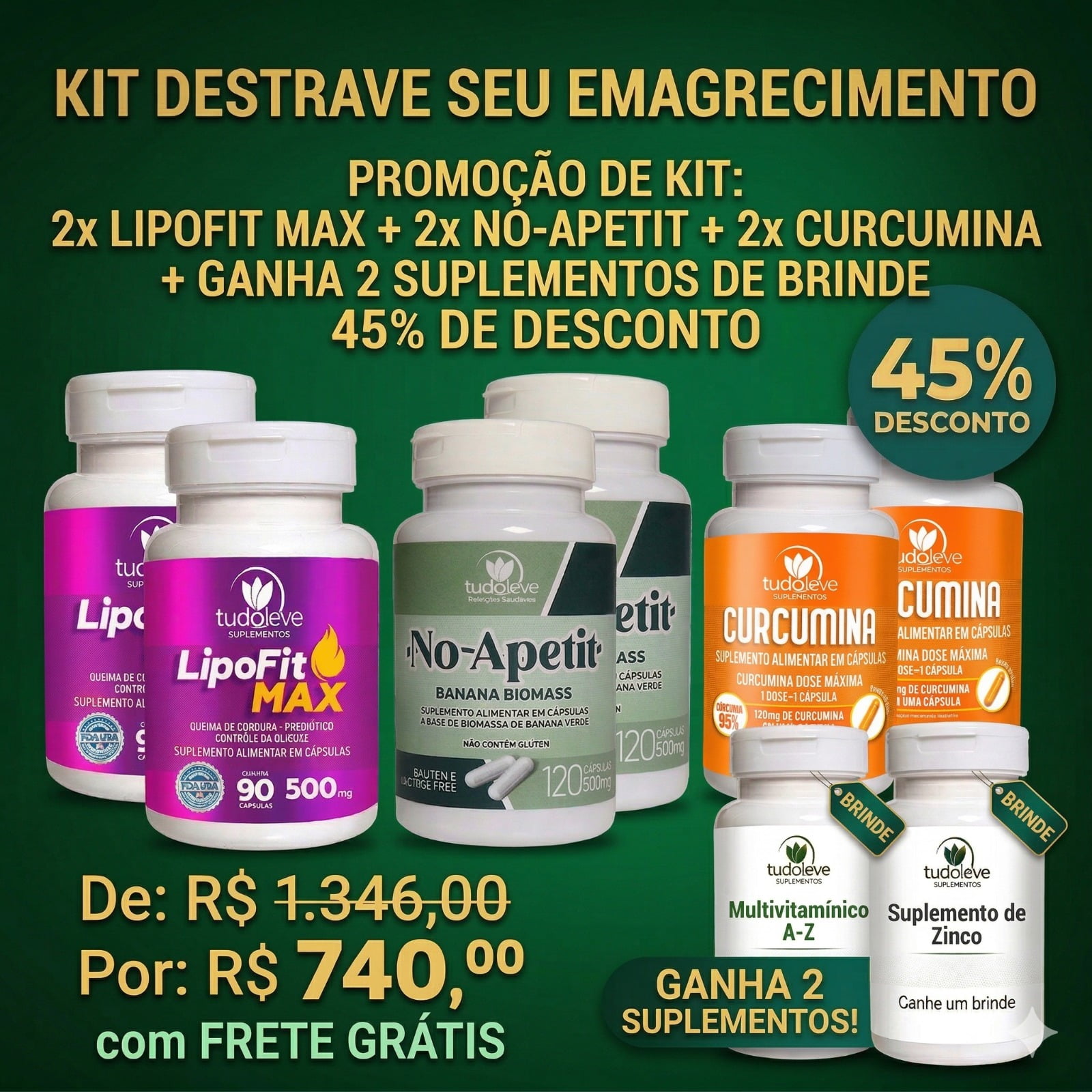 KIT DESTRAVE SEU EMAGRECIMENTO 2x LipoFit + 2x No-apetit + 2x Curcumina 45% de Desconto + GANHA 2 Suplementos + FRETE GRÁTIS