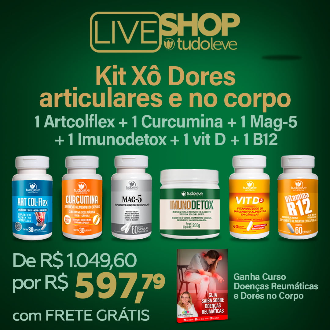 KIT XÔ DORES ARTICULARES E NO CORPO (1 ART COL FLEX + 1 CURCUMINA + 1 MAG5 + 1 IMUNODETOX + 1 VIT D + 1 VIT B12) + FRETE GRÁTIS